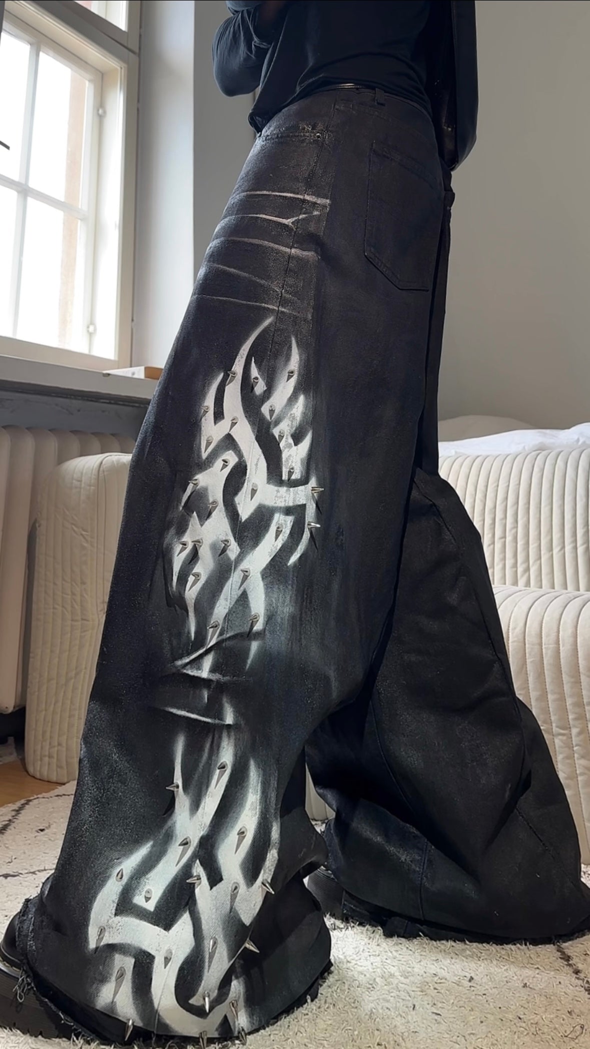 Tribal hand painted black baggy jeans