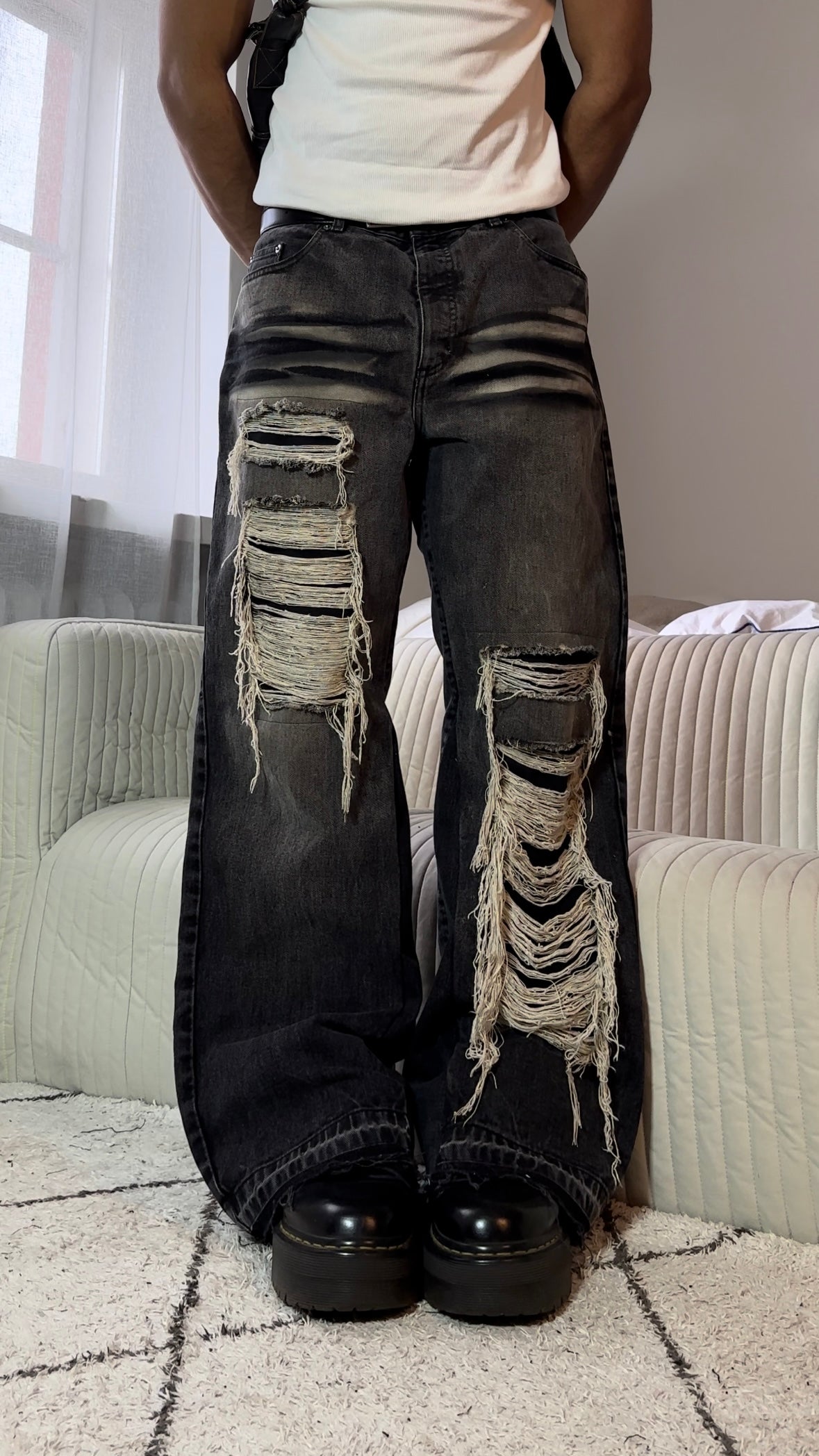 Distressed grey flare jeans